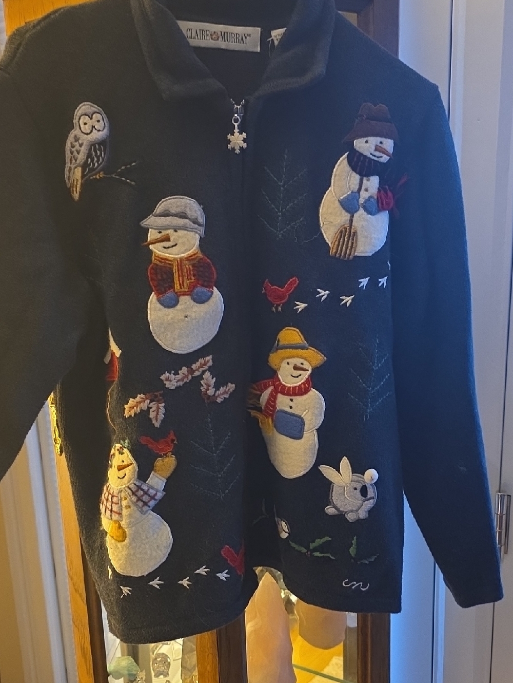 Vintage Dark Grey Embroidered Snowman Zip-Front Cardigan